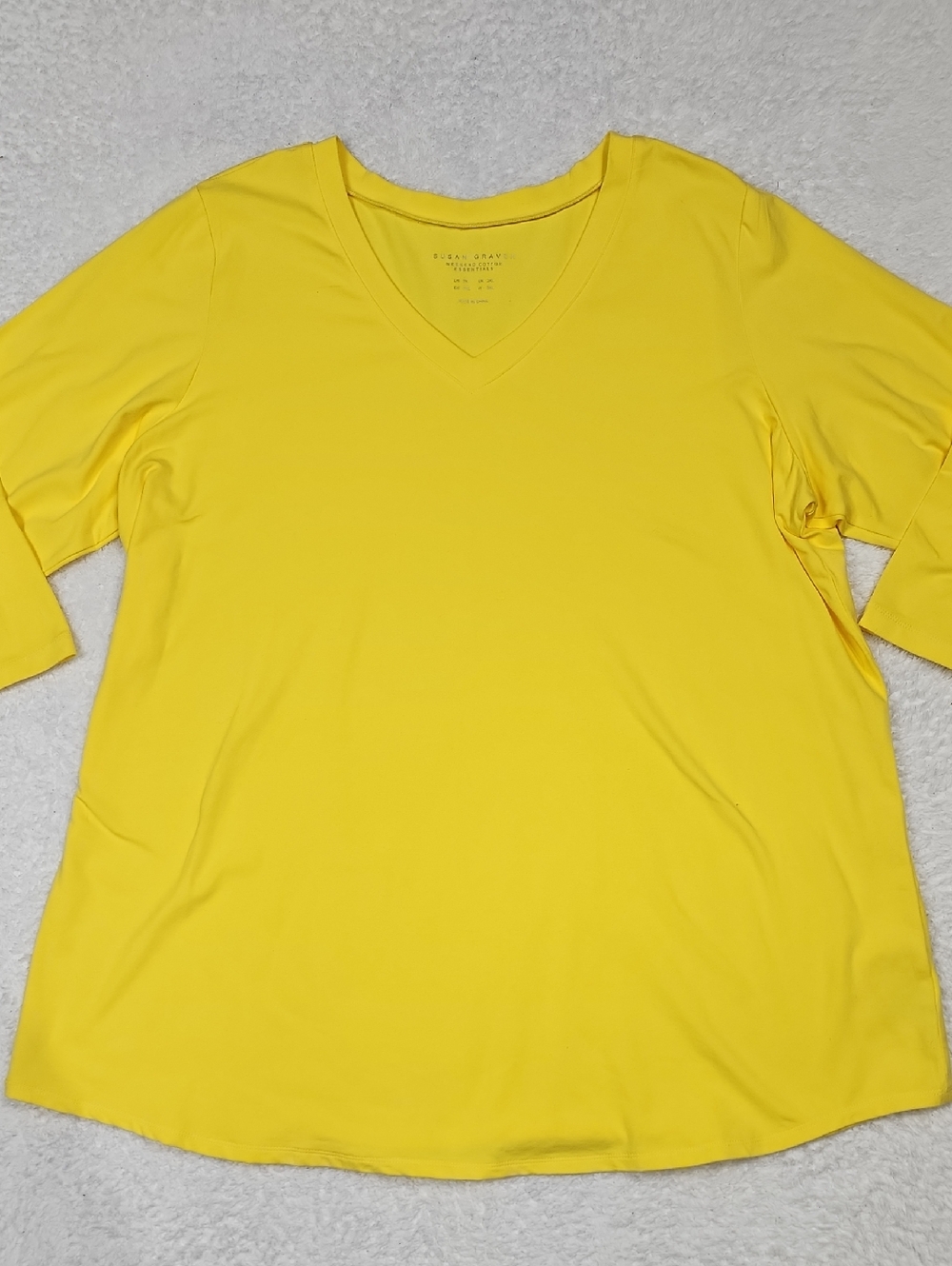 Susan Graver Bright Yellow V-Neck 3/4 Sleeve Tee